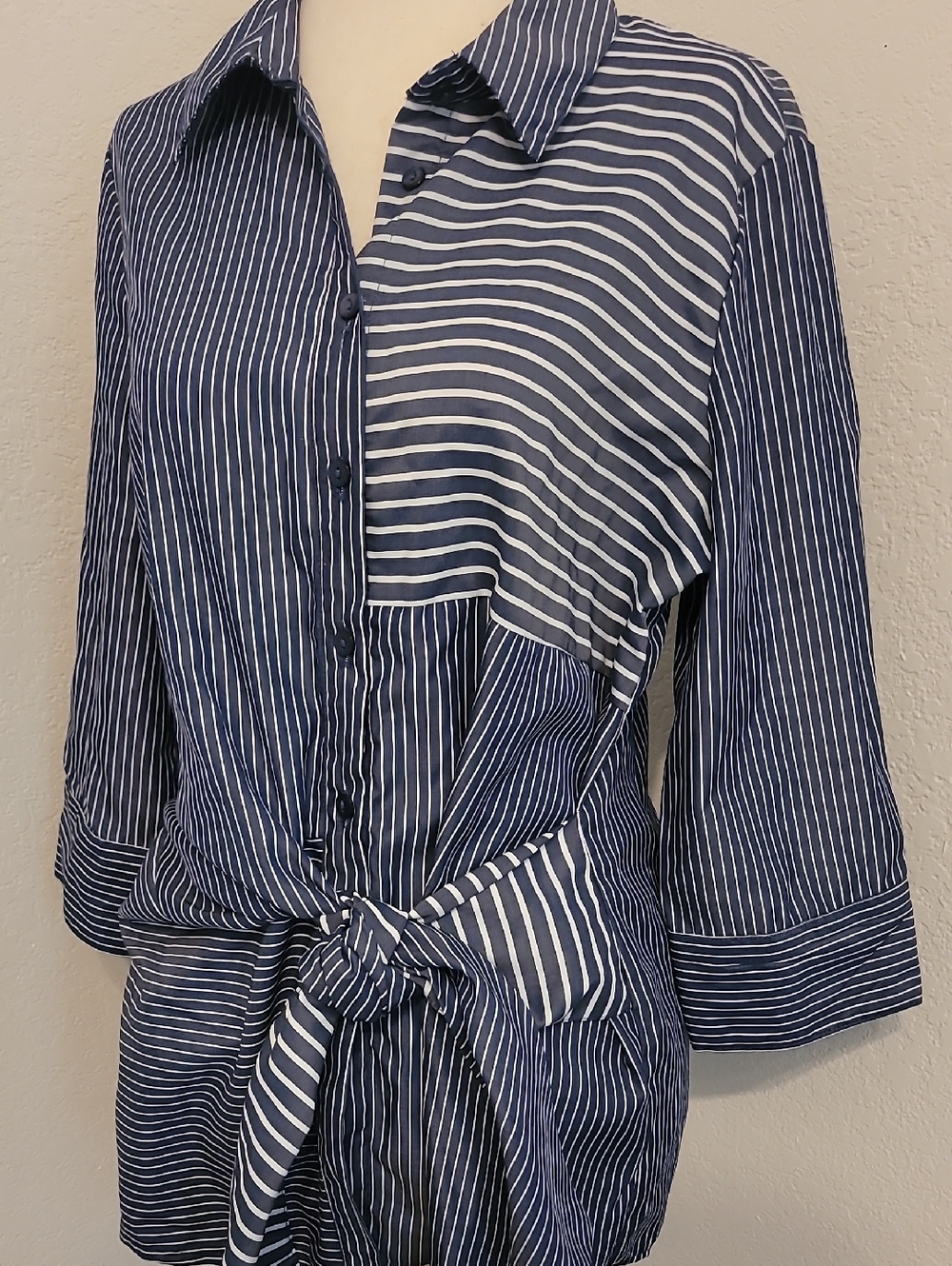 Unique Spectrum Navy & White Striped Tie-Front Button Blouse